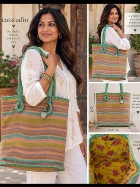 Vintage Catstudio Riviera handwoven multicolored striped tote bag- floral lining